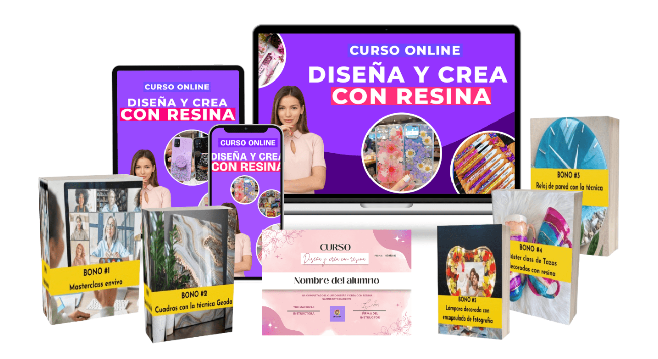 Todo lo que incluye el curso Diseña y Crea con Resina: clases, bonos y certificado