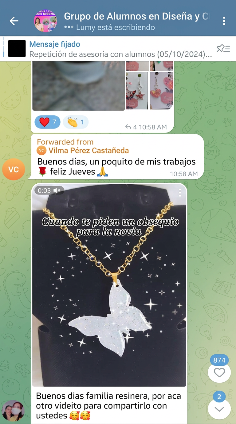 Trabajos en resina compartidos por alumnas en el grupo del curso